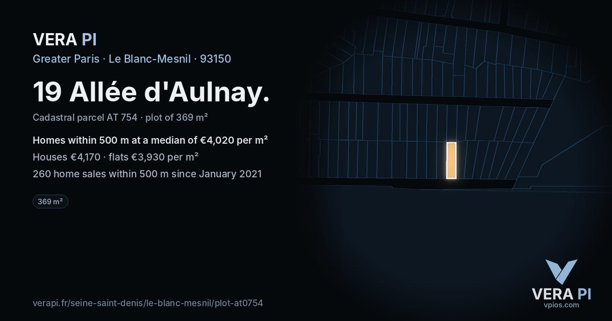 19 Allée d'Aulnay, Le Blanc-Mesnil at night – the plot lit, the parcels around coloured by the prices near them