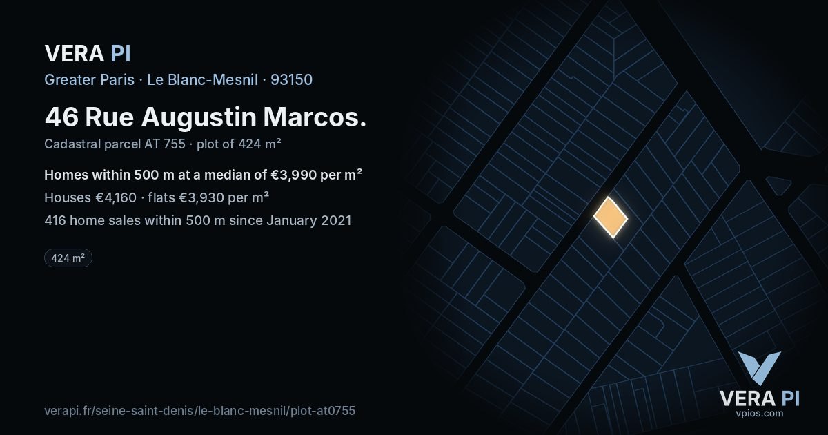 46 Rue Augustin Marcos, Le Blanc-Mesnil at night – the plot lit, the parcels around coloured by the prices near them