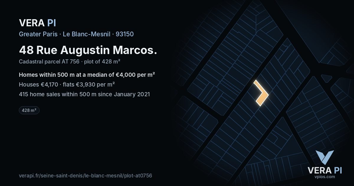 48 Rue Augustin Marcos, Le Blanc-Mesnil at night – the plot lit, the parcels around coloured by the prices near them