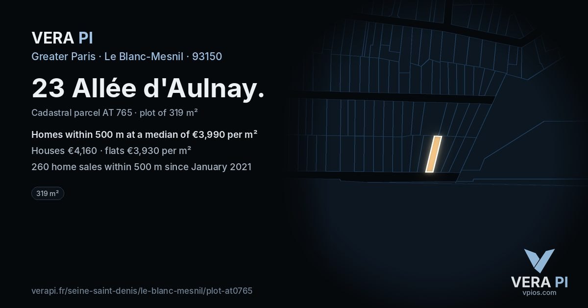 23 Allée d'Aulnay, Le Blanc-Mesnil at night – the plot lit, the parcels around coloured by the prices near them