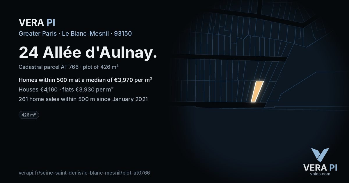 24 Allée d'Aulnay, Le Blanc-Mesnil at night – the plot lit, the parcels around coloured by the prices near them