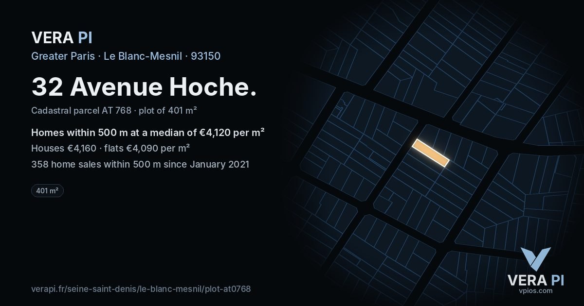 32 Avenue Hoche, Le Blanc-Mesnil at night – the plot lit, the parcels around coloured by the prices near them