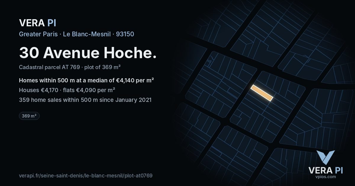 30 Avenue Hoche, Le Blanc-Mesnil at night – the plot lit, the parcels around coloured by the prices near them