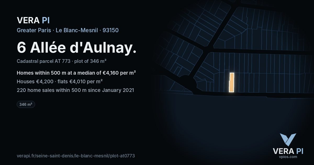 6 Allée d'Aulnay, Le Blanc-Mesnil at night – the plot lit, the parcels around coloured by the prices near them