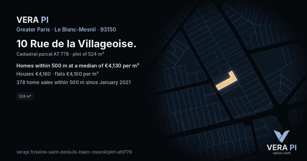 10 Rue de la Villageoise, Le Blanc-Mesnil at night – the plot lit, the parcels around coloured by the prices near them