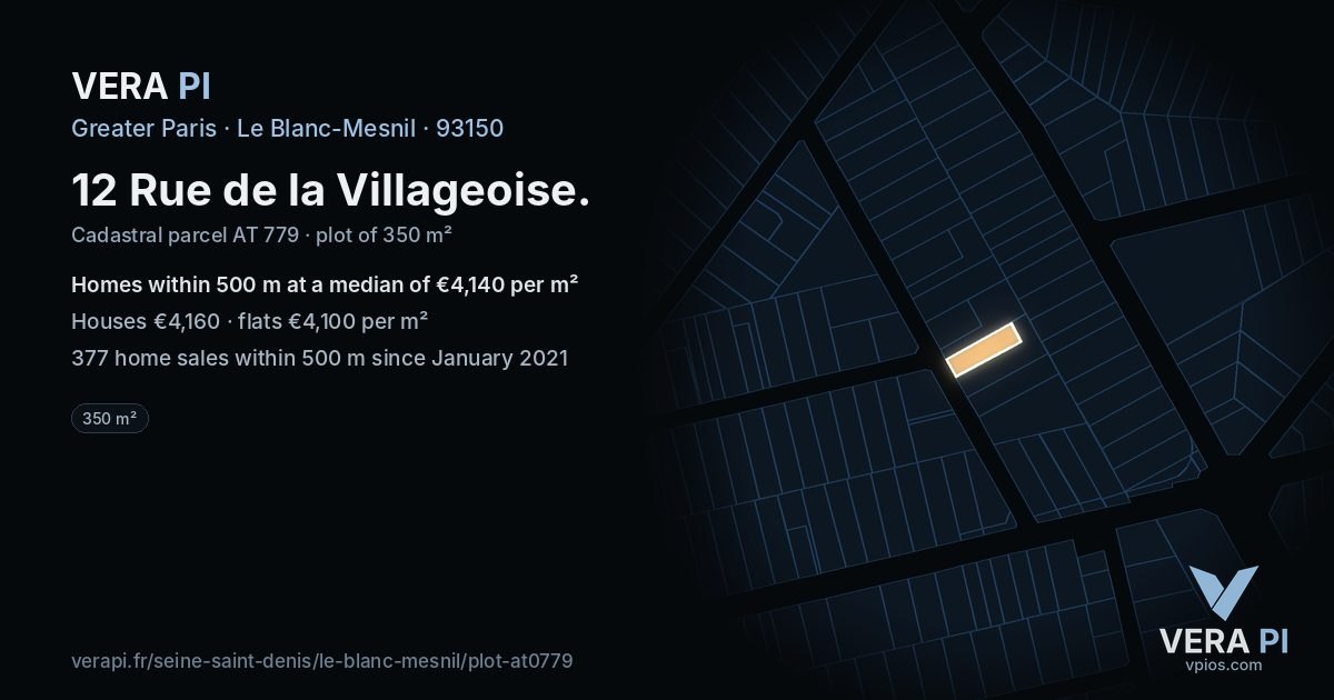 12 Rue de la Villageoise, Le Blanc-Mesnil at night – the plot lit, the parcels around coloured by the prices near them