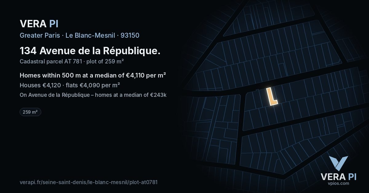134 Avenue de la République, Le Blanc-Mesnil at night – the plot lit, the parcels around coloured by the prices near them