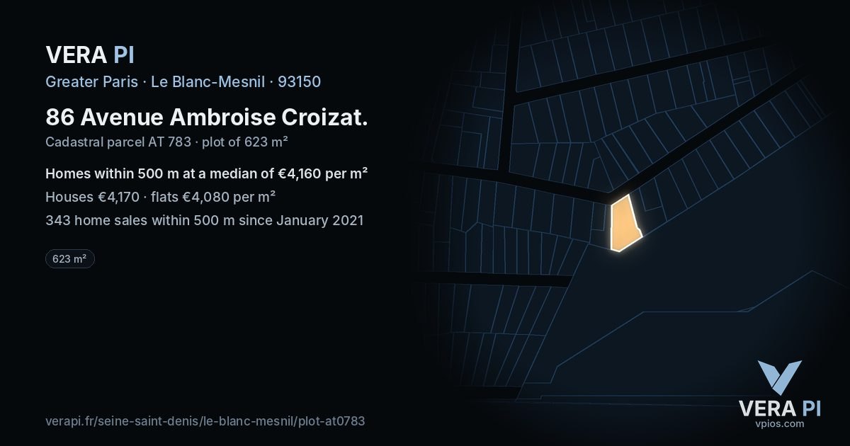 86 Avenue Ambroise Croizat, Le Blanc-Mesnil at night – the plot lit, the parcels around coloured by the prices near them