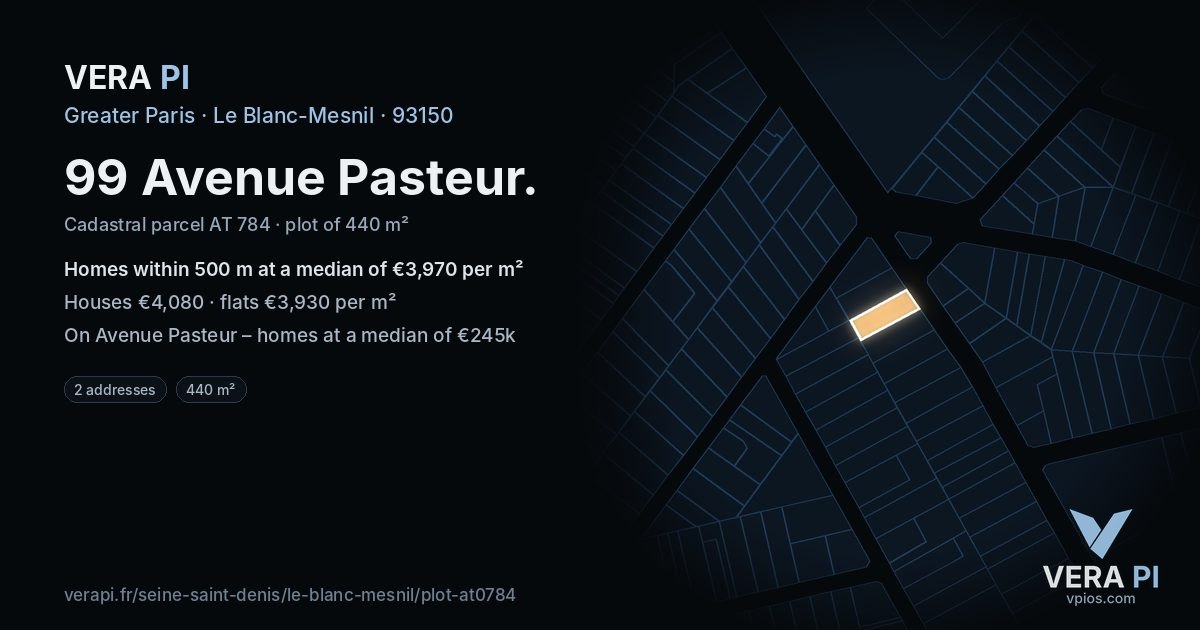 99 Avenue Pasteur, Le Blanc-Mesnil at night – the plot lit, the parcels around coloured by the prices near them