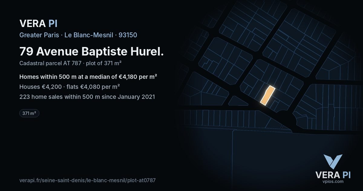 79 Avenue Baptiste Hurel, Le Blanc-Mesnil at night – the plot lit, the parcels around coloured by the prices near them
