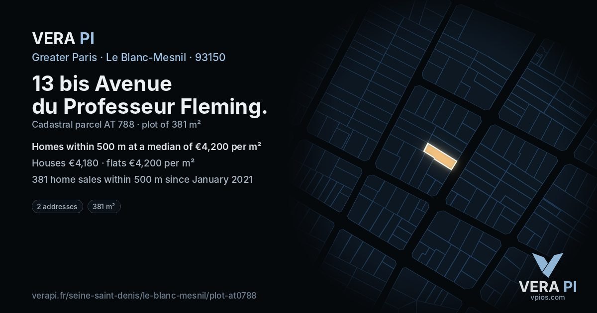 13 bis Avenue du Professeur Fleming, Le Blanc-Mesnil at night – the plot lit, the parcels around coloured by the prices near them