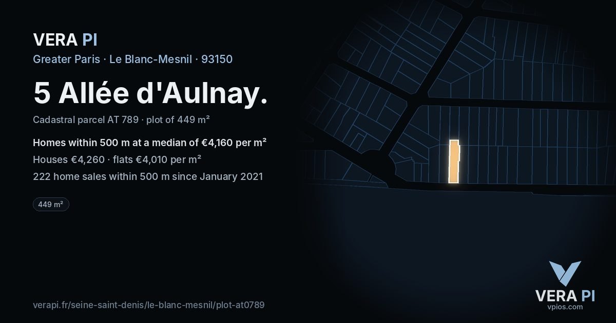 5 Allée d'Aulnay, Le Blanc-Mesnil at night – the plot lit, the parcels around coloured by the prices near them