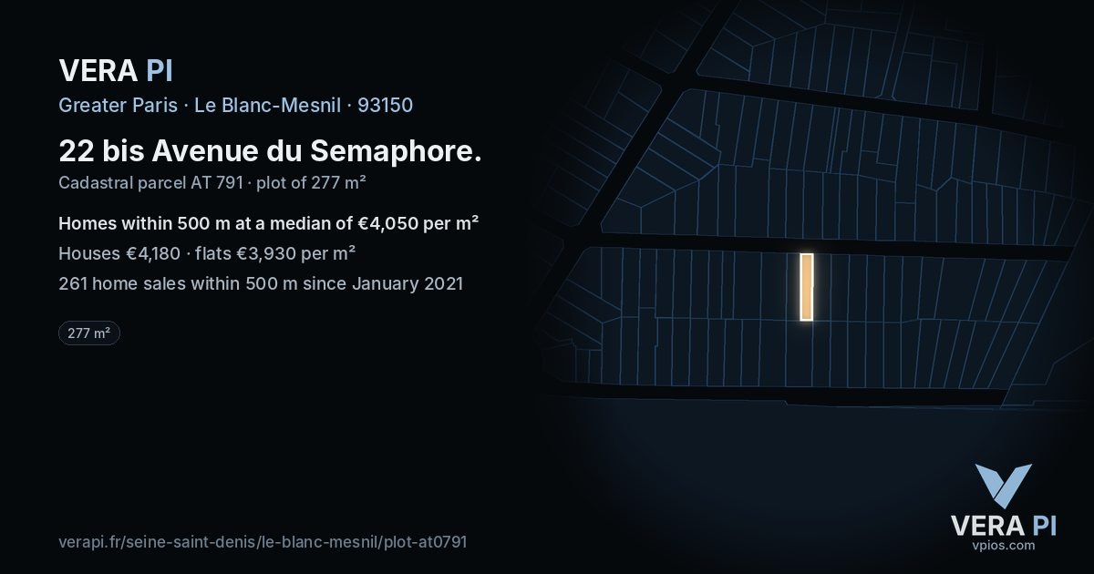 22 bis Avenue du Semaphore, Le Blanc-Mesnil at night – the plot lit, the parcels around coloured by the prices near them
