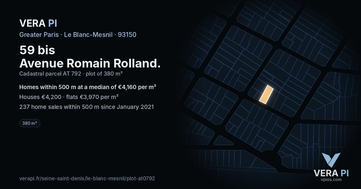 59 bis Avenue Romain Rolland, Le Blanc-Mesnil at night – the plot lit, the parcels around coloured by the prices near them