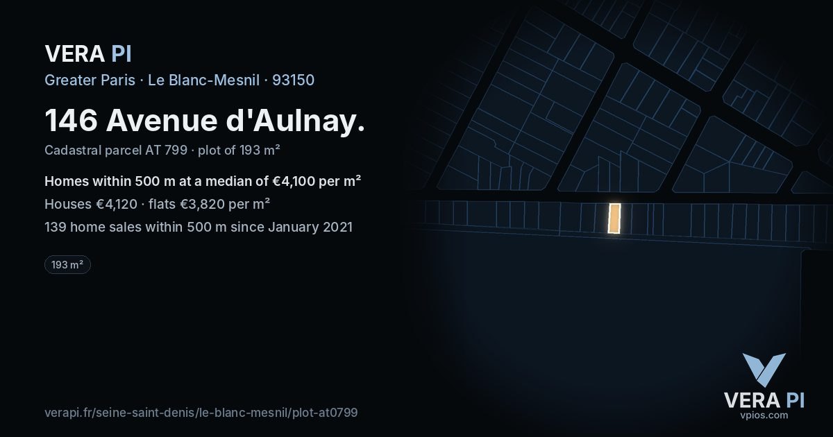 146 Avenue d'Aulnay, Le Blanc-Mesnil at night – the plot lit, the parcels around coloured by the prices near them