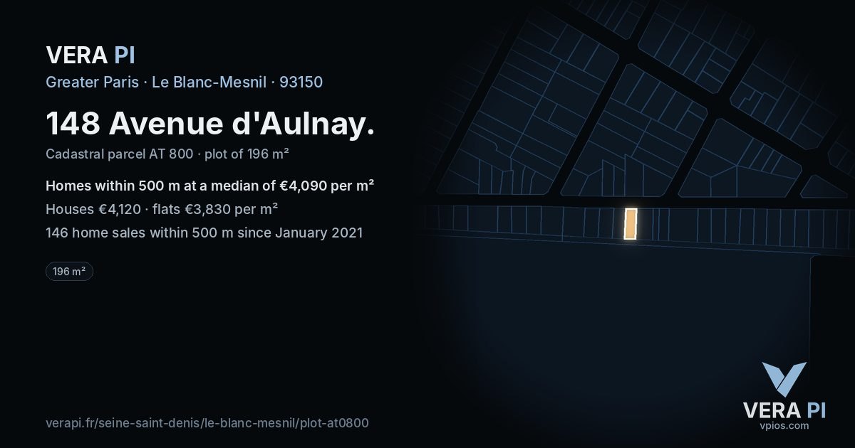 148 Avenue d'Aulnay, Le Blanc-Mesnil at night – the plot lit, the parcels around coloured by the prices near them