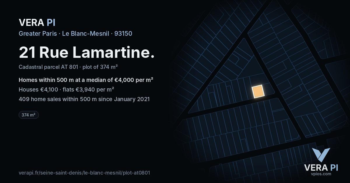 21 Rue Lamartine, Le Blanc-Mesnil at night – the plot lit, the parcels around coloured by the prices near them