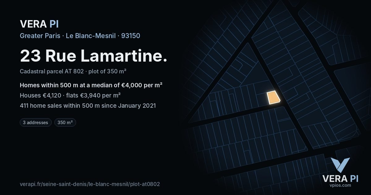 23 Rue Lamartine, Le Blanc-Mesnil at night – the plot lit, the parcels around coloured by the prices near them