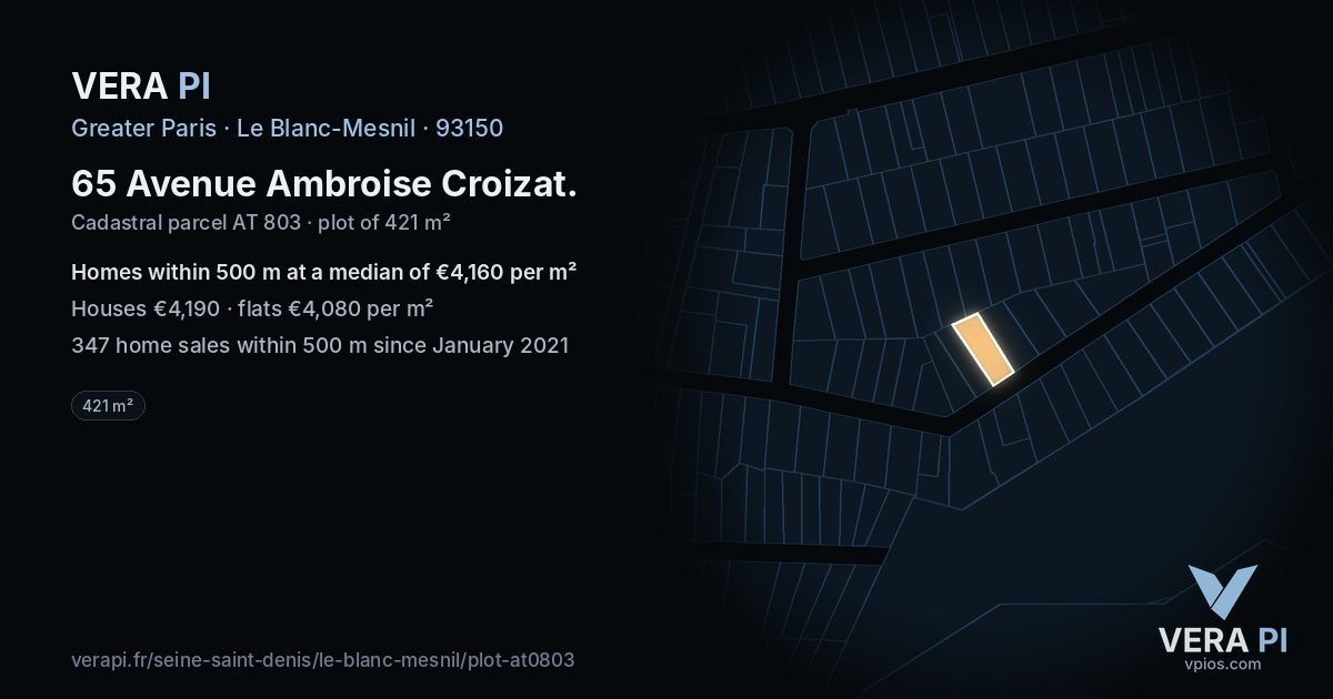 65 Avenue Ambroise Croizat, Le Blanc-Mesnil at night – the plot lit, the parcels around coloured by the prices near them