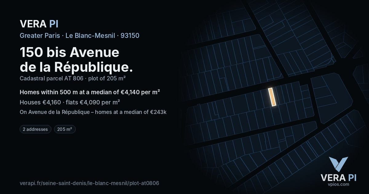 150 bis Avenue de la République, Le Blanc-Mesnil at night – the plot lit, the parcels around coloured by the prices near them