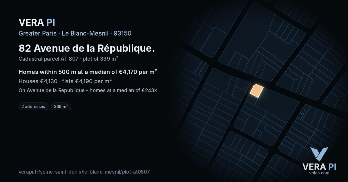 82 Avenue de la République, Le Blanc-Mesnil at night – the plot lit, the parcels around coloured by the prices near them