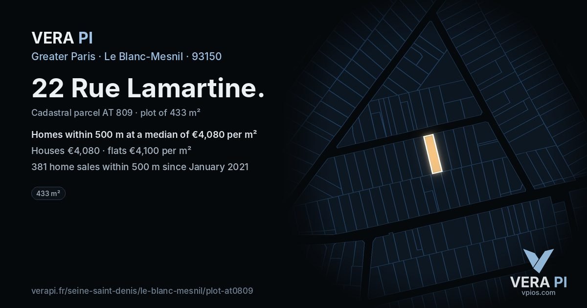 22 Rue Lamartine, Le Blanc-Mesnil at night – the plot lit, the parcels around coloured by the prices near them