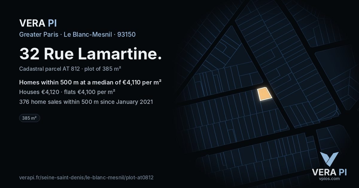 32 Rue Lamartine, Le Blanc-Mesnil at night – the plot lit, the parcels around coloured by the prices near them