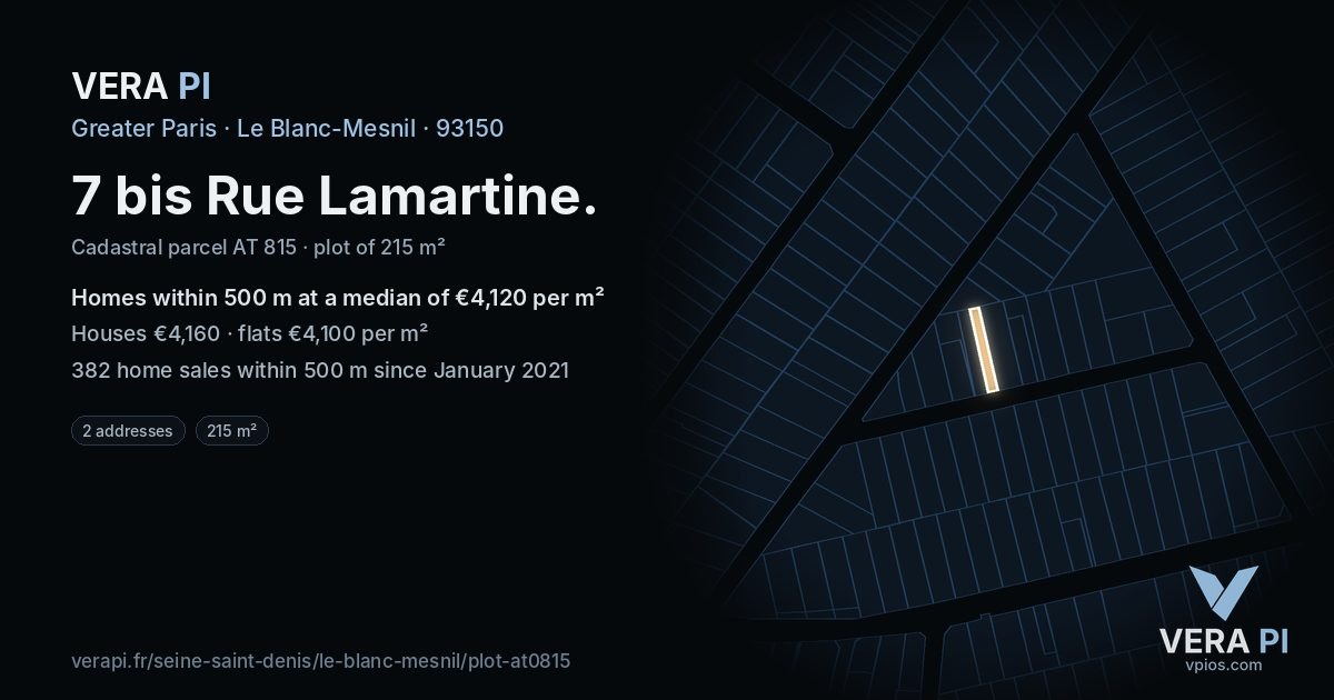 7 bis Rue Lamartine, Le Blanc-Mesnil at night – the plot lit, the parcels around coloured by the prices near them