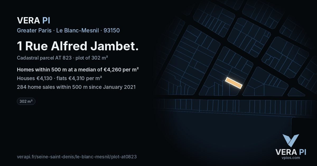 1 Rue Alfred Jambet, Le Blanc-Mesnil at night – the plot lit, the parcels around coloured by the prices near them