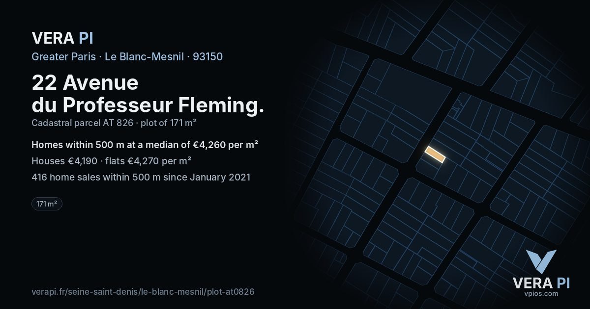 22 Avenue du Professeur Fleming, Le Blanc-Mesnil at night – the plot lit, the parcels around coloured by the prices near them