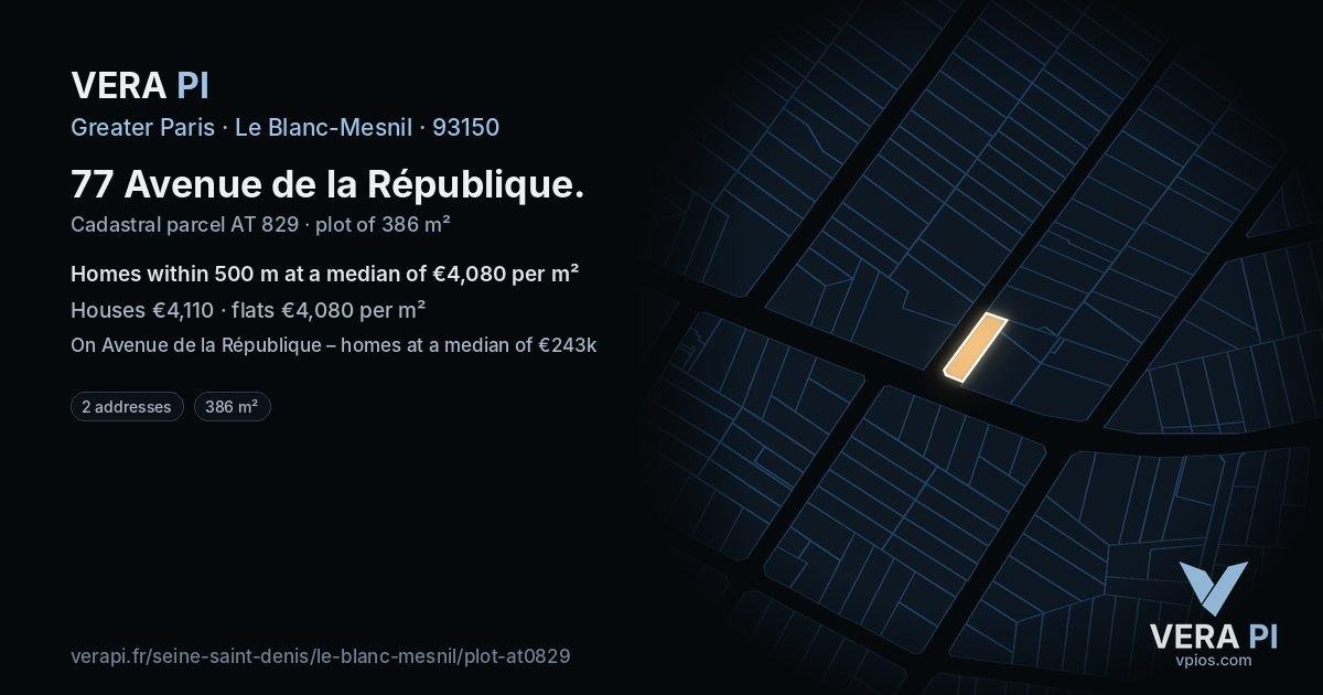 77 Avenue de la République, Le Blanc-Mesnil at night – the plot lit, the parcels around coloured by the prices near them