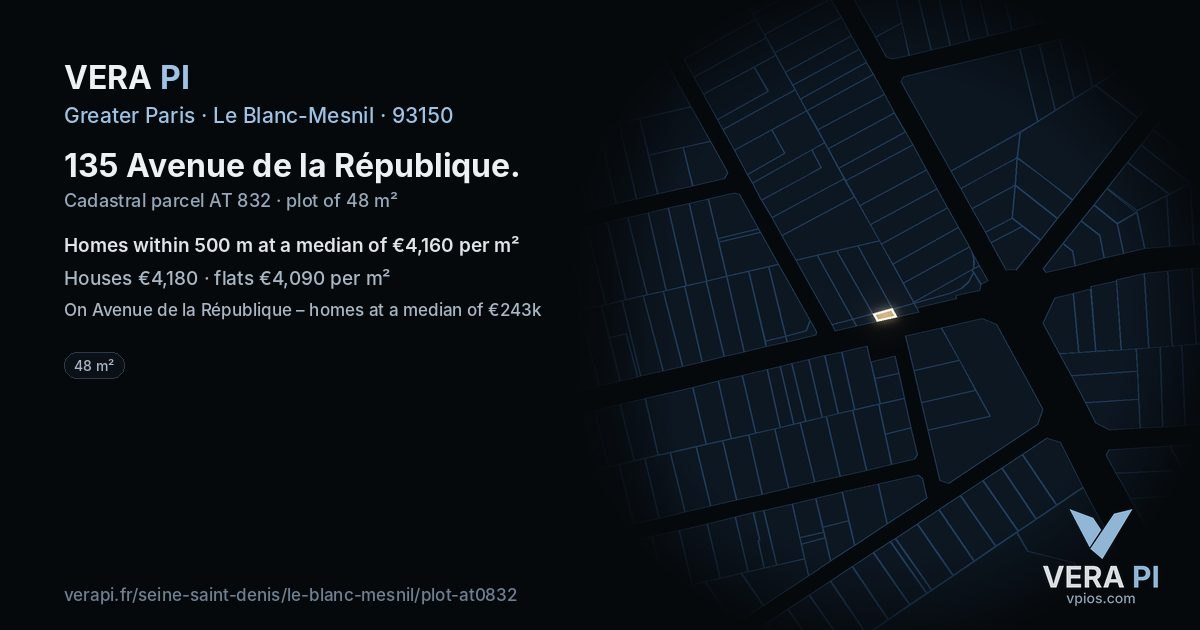 135 Avenue de la République, Le Blanc-Mesnil at night – the plot lit, the parcels around coloured by the prices near them