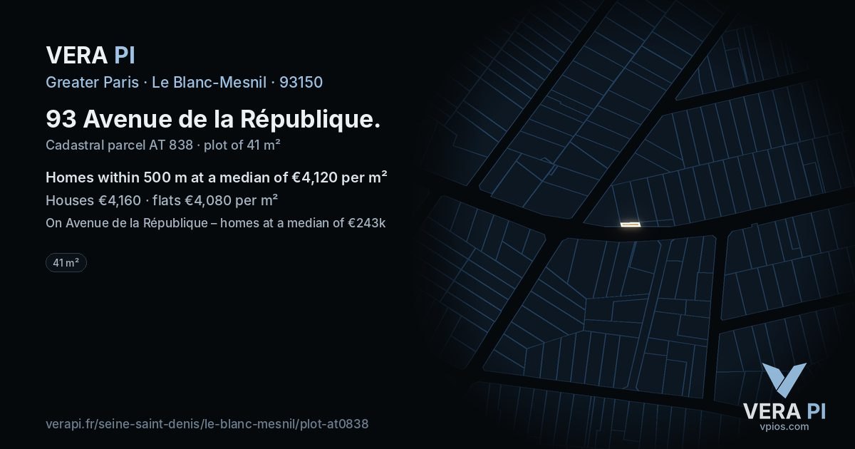 93 Avenue de la République, Le Blanc-Mesnil at night – the plot lit, the parcels around coloured by the prices near them