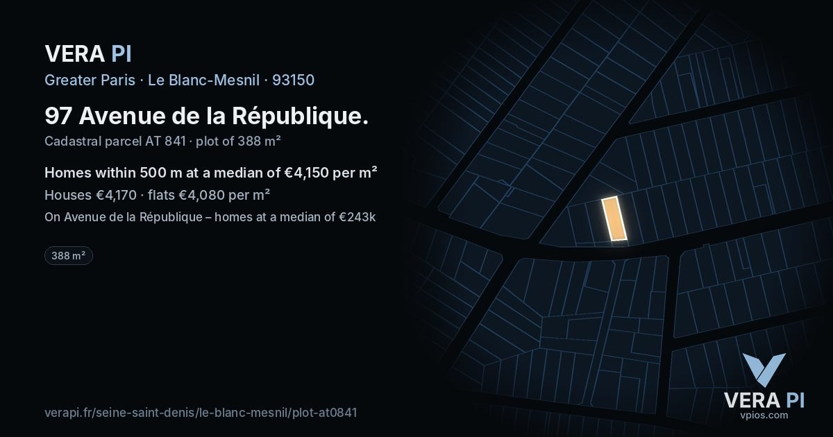 97 Avenue de la République, Le Blanc-Mesnil at night – the plot lit, the parcels around coloured by the prices near them