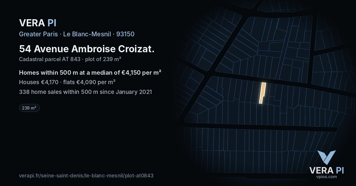 54 Avenue Ambroise Croizat, Le Blanc-Mesnil at night – the plot lit, the parcels around coloured by the prices near them