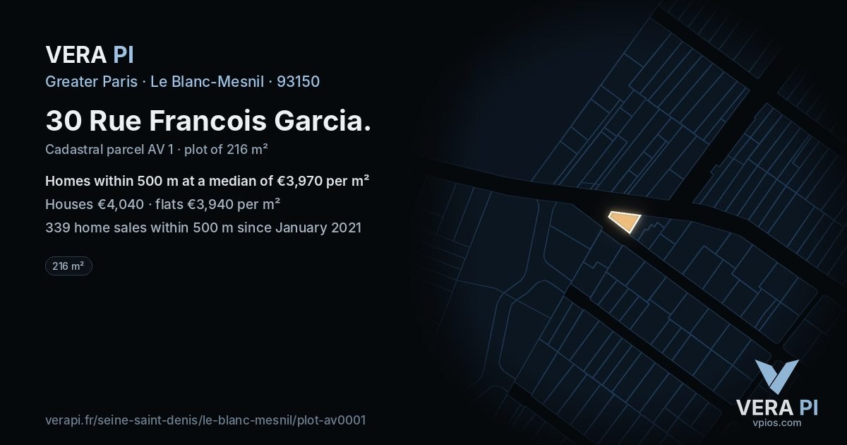 30 Rue Francois Garcia, Le Blanc-Mesnil at night – the plot lit, the parcels around coloured by the prices near them