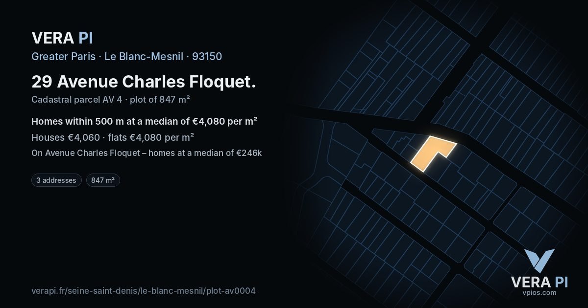 29 Avenue Charles Floquet, Le Blanc-Mesnil at night – the plot lit, the parcels around coloured by the prices near them