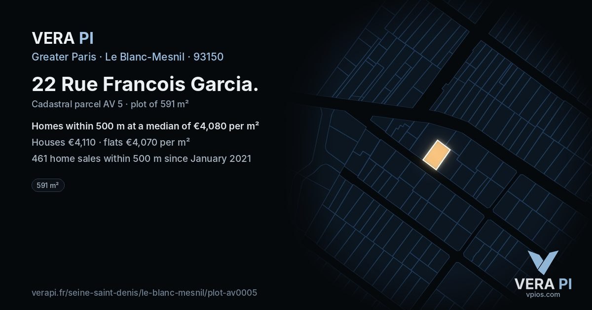 22 Rue Francois Garcia, Le Blanc-Mesnil at night – the plot lit, the parcels around coloured by the prices near them