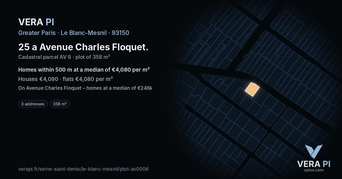 25 a Avenue Charles Floquet, Le Blanc-Mesnil at night – the plot lit, the parcels around coloured by the prices near them