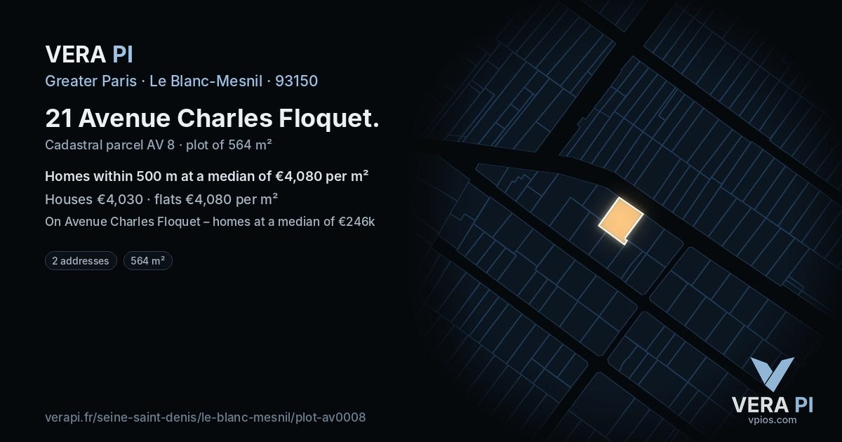 21 Avenue Charles Floquet, Le Blanc-Mesnil at night – the plot lit, the parcels around coloured by the prices near them