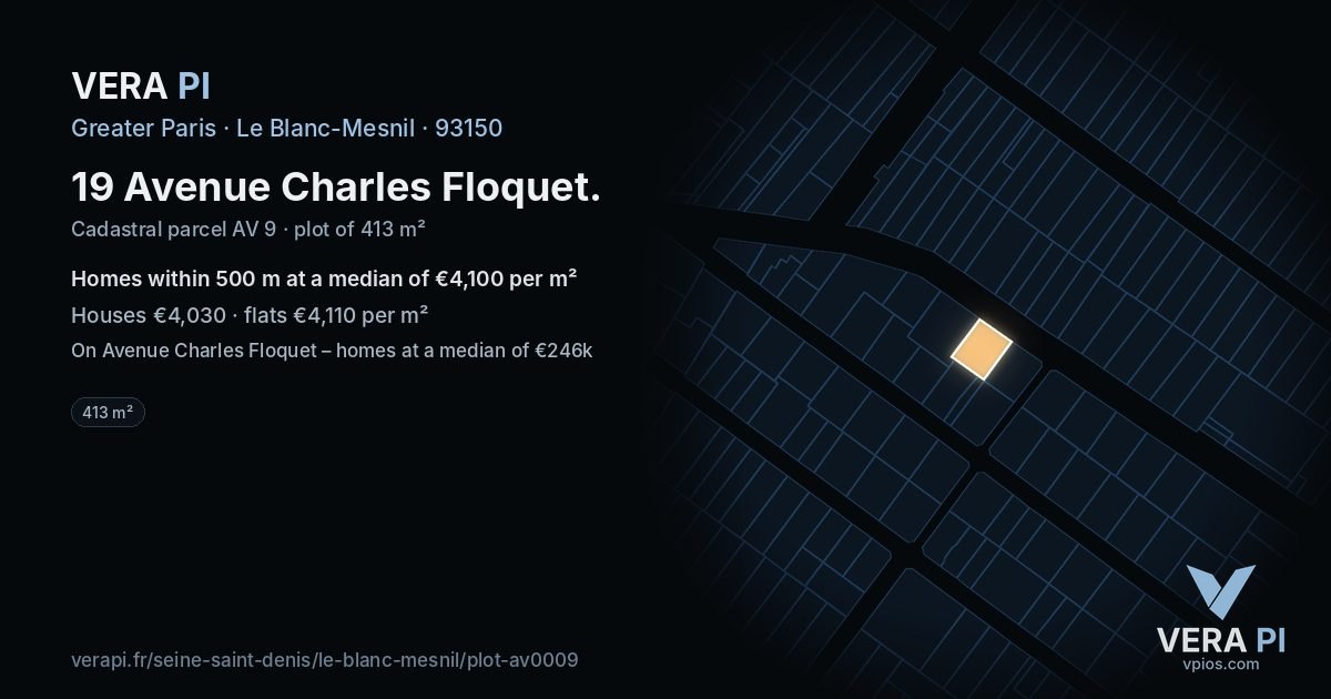 19 Avenue Charles Floquet, Le Blanc-Mesnil at night – the plot lit, the parcels around coloured by the prices near them
