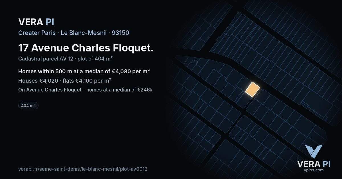17 Avenue Charles Floquet, Le Blanc-Mesnil at night – the plot lit, the parcels around coloured by the prices near them