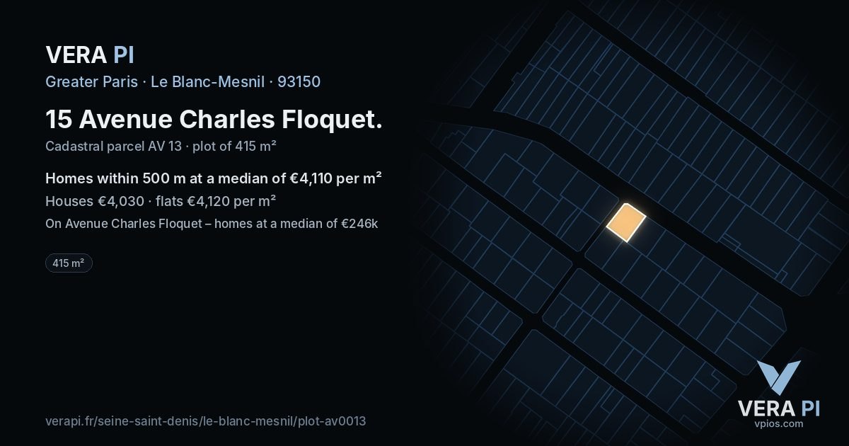 15 Avenue Charles Floquet, Le Blanc-Mesnil at night – the plot lit, the parcels around coloured by the prices near them