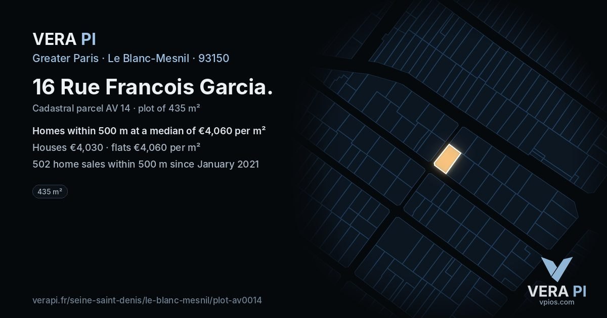 16 Rue Francois Garcia, Le Blanc-Mesnil at night – the plot lit, the parcels around coloured by the prices near them