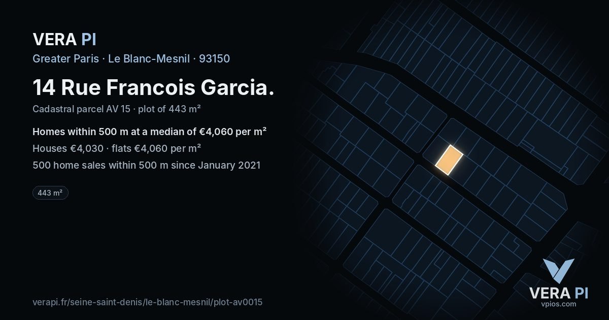 14 Rue Francois Garcia, Le Blanc-Mesnil at night – the plot lit, the parcels around coloured by the prices near them