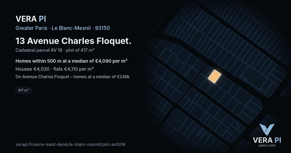 13 Avenue Charles Floquet, Le Blanc-Mesnil at night – the plot lit, the parcels around coloured by the prices near them