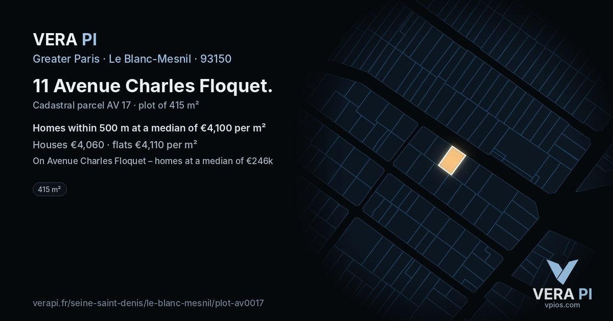 11 Avenue Charles Floquet, Le Blanc-Mesnil at night – the plot lit, the parcels around coloured by the prices near them