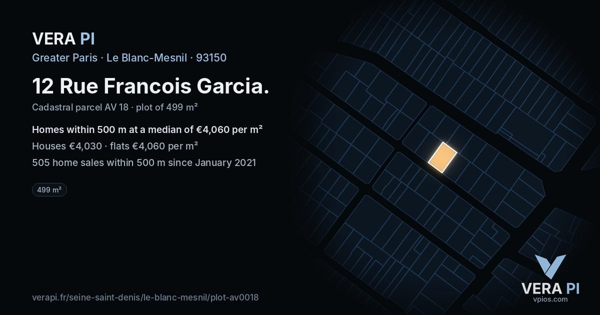 12 Rue Francois Garcia, Le Blanc-Mesnil at night – the plot lit, the parcels around coloured by the prices near them