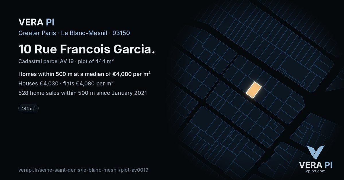 10 Rue Francois Garcia, Le Blanc-Mesnil at night – the plot lit, the parcels around coloured by the prices near them