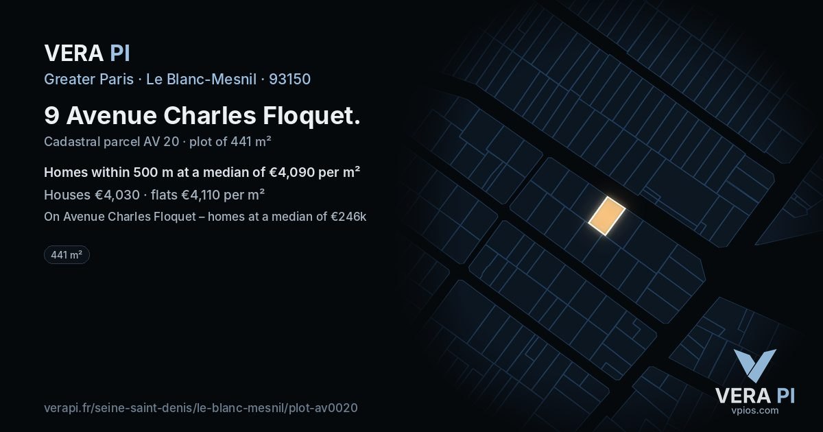 9 Avenue Charles Floquet, Le Blanc-Mesnil at night – the plot lit, the parcels around coloured by the prices near them